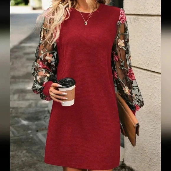 Clasi Holiday Flower Embroidery Mesh Splice Dress - Picture 7 of 10